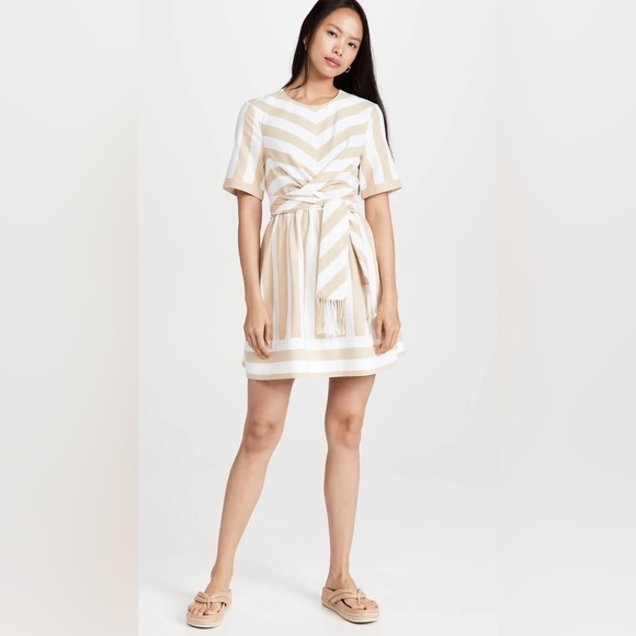 STAUD Hazelnut Stripe York Mini Dress With Pockets & Wrap Detail. Size XS. - Picture 8 of 16